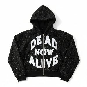 Sudadera con capucha personalizada negra con cremallera y pedrería para hombre y mujer, estilo oversize, streetwear, con estampado gráfico de letras, de algodón polar para invierno - Product Image 3