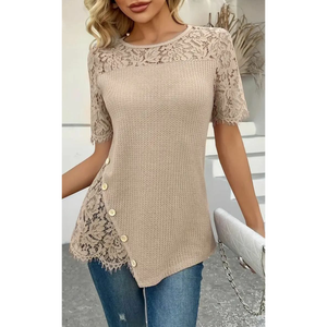 Túnica de punto gofrado asimétrica con encaje y patchwork para mujer - Product Image 1