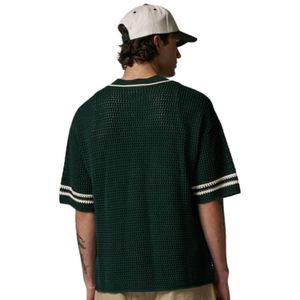 Men Crochet Knitted Baseball <b>Shirt</b> Short Sleeve Button Down Stripe Trim Casual Summer Knitwear OEM Wholesale Supply - Product Image 5