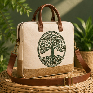 Mochila de Lona y Yute para Portátil, Maletín, Bolso Cruzado con Correa de PU, Cierre de Cremallera, Gran Capacidad, Rayado, para Universidad, Oficina, Viajes - Product Image 5