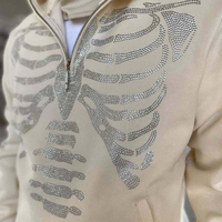 Lüks Kristal İncili Siyah Yan Cepli Yumuşak Fırçalı Siyah Düşük Omuzlu Ağır Fransız Havlusu Rhinestone Kapüşonlu Sweatshirt