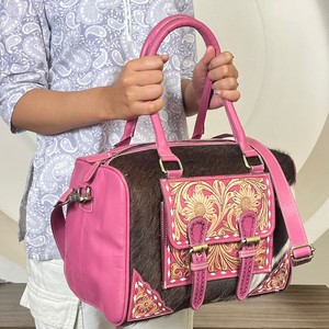 High-quality Hand Tooled Leather Medium Travel Speedy Bag Weekender Overnight <b>Storage</b> Crossbody Handbag Women Durable Duffel Bag - Product Image 4