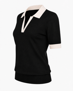 Camiseta de Punto de Algodón 100% Transpirable para Mujer, Manga Corta, Cuello en Contraste, Cuello en V, Dobladillo Acanalado, Informal, para Oficina, Verano, OEM Personalizado - Product Image 4