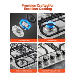 Piano Cottura a Gas Incasso in Acciaio Inox da 30 Pollici, 5 Bruciatori, Convertibile NG/GPL, Max 12250 BTU, Piano Cottura a Gas Naturale da 30 Pollici - Product Image 6