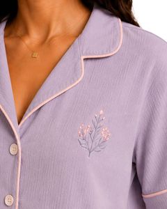 Ensemble pyjama violet lavande pour femmes, manches courtes, en coton popeline, vêtements de détente brodés, vêtements de nuit d'été, ensemble short boutonné - Product Image 5