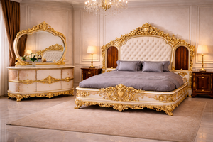 Empire Vintage Style High <b>End</b> Carved <b>Bed</b> Handmade Mahrajana Bedroom Furniture High Gloss Gold Polish Includes Wood Table Chairs - Product Image 2