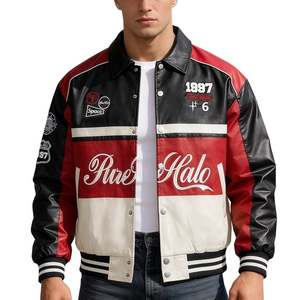 Blouson universitaire réversible en PU pour homme, motifs patchwork rouge, noir et blanc, col rabattable, streetwear automne, polyester 220g - Product Image 1