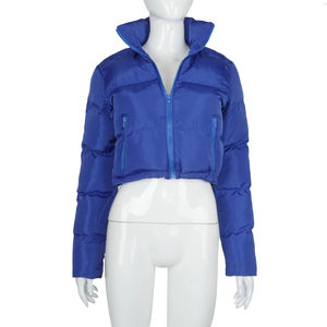 Blue Quilted Crop Puffer Jacket Women's Short Zipper Stand Collar Full Sleeve <b>Winter</b> <b>Coat</b> Solid Color <b>Thick</b> Polyester Wadding - Product Image 3
