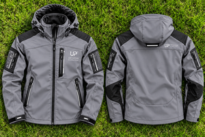 เสื้อแจ็คเก็ตฮู้ดผู้ชายสีเทาแบบ Softshell พร้อมแผ่นเสริมสีดำ กันน้ำ กันลม มีกระเป๋าซิปหลายช่อง พร้อมโลโก้แบบกำหนดเอง - Product Image 6