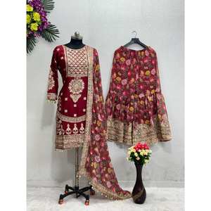 Conjunto de Fiesta Indio y Pakistaní de Diseñador, Top, Pantalón y Dupatta con Encaje Elegante - Product Image 1