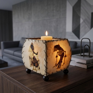 Portavelas de Cuero de Cabra Indonesio Hecho a Mano, Farol Cuadrado Curvo Wayang Kulit, Luz Ambiental para Mesa, Decoración para el Hogar - Product Image 6