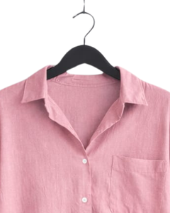 Ensemble deux pièces en lin rose pour femme, chemise à manches longues boutonnée et pantalon large à taille élastique, tenue décontractée pour la maison - Product Image 4