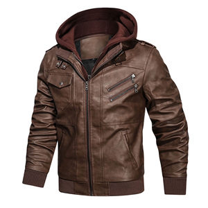Hooded Collar Leather Jacket For Men With Zip Front And Clean <b>Upper</b> Neckline For Resistance Winter Wear For Sale - Product Image 2
