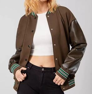 Chaqueta Universitaria de PU Marrón para Mujer, Estilo Casual con Botones, Chaqueta Deportiva de Béisbol, Corte Regular, para Otoño - Product Image 3