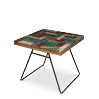 Table basse artisanale en teck rustique avec pieds en métal, en bois de bateau recyclé, couleur antique originale, meuble d'intérieur pour salon