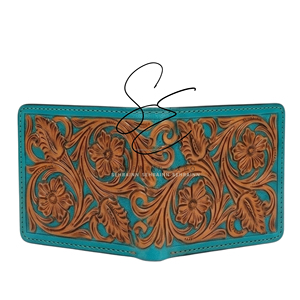Turquoise Genuine Leather Bifold <b>Wallet</b> for Men Handmade <b>Card</b> <b>Holder</b> <b>Wallet</b> with Cash Bill Slots Western Style - Product Image 4