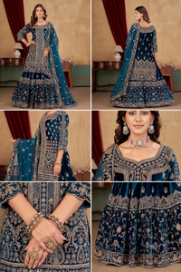 Ensemble de robe Farsi en velours turquoise brodé avec dupatta pour femme, sans plis, protection solaire, tenue de mariage - Product Image 6