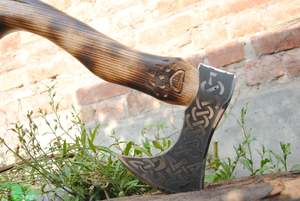 Handmade Industrial Flat Backed <b>Viking</b> <b>Axe</b> Damascus Steel Etched Blade Wooden Shape Handle Leather Sheath 5 3Lb Woodworking - Product Image 2