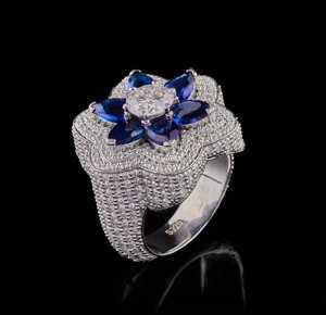 Flower Shape <b>Cocktail</b> <b>Ring</b> With Sapphire And Diamond Pave Setting 925 Silver Women's Luxury Party Jewelry - Product Image 1