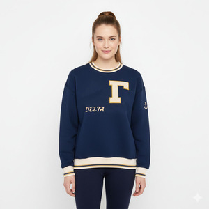 Sweat-shirt ras du cou personnalisé bleu marine et crème à lettres grecques, en mélange de coton, broderie chenille, coupe oversize, style universitaire, OEM - Product Image 3