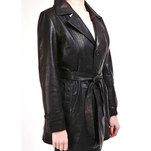 Double breasted long leather trench coat for women with waist belt and front buttons for office or travel - Product Image 6
