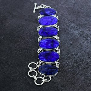 Vintage Ethnic 925 Silver Plated Blue Sapphire Chain Link Bracelet Oval Shape Gemstones Setting Unisex Wedding Gift Jewelry - Product Image 1