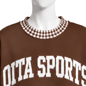 Mens <b>Brown</b> Oversized Crewneck Sweatshirt Gingham Check Trim <b>Long</b> <b>Sleeve</b> Casual Pullover Fashion Streetwear Athletic Sports <b>Top</b> - Product Image 3
