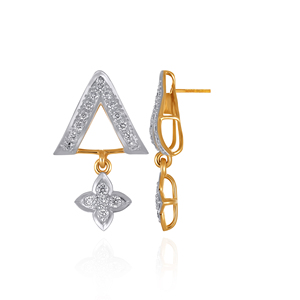 Boucles d'oreilles pendantes géométriques de luxe bicolores or et argent avec pendentif floral étincelant pour femme - Product Image 3