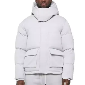 Veste matelassée chaude d'extérieur pour homme à manches longues, col montant, en toile, design matelassé enduit pour l'hiver - Product Image 1