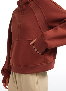 Sweat-shirt polaire décontracté pour femme, coupe ample, col à capuche demi-zippé, anti-plis, respirant, couleur unie, fermeture éclair longue, idéal pour l'hiver - Product Image 6