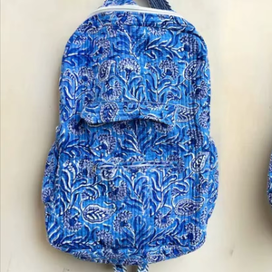 กระเป๋าเป้สะพายหลังผ้าฝ้ายพิมพ์ลายบล็อกทำมือ น้ำหนักเบา พับได้ เหมาะสำหรับวัยรุ่นและผู้หญิง - Product Image 1