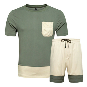 Ensemble T-shirt et short pour homme 100 % coton, respirant, col montant, en maille, décontracté, délavé à l'acide, 250 GSM, 2 pièces, tenue d'été - Product Image 6
