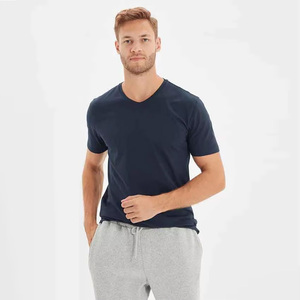 Camiseta de Manga Corta con Cuello en V para Hombre, Color Azul Marino Sólido, 100% Algodón, Corte Regular, Diseño Transpirable de Punto Jersey Informal - Product Image 5