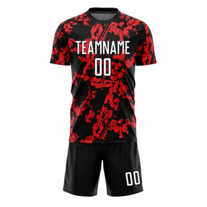 เสื้อฟุตบอลแบบซับลิเมชั่นสีดำแดงลายกรันจ์ แห้งเร็ว ชุดแข่งอีสปอร์ต ชุดทีม OEM - Product Image 1
