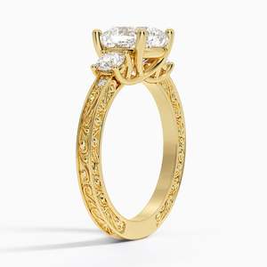 Elegant 14K Yellow Gold Antique Scroll Engraved Three Stone <b>Diamond</b> <b>Ring</b> Featuring Premium Craftsmanship - Product Image 2