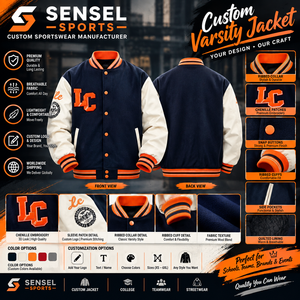 เสื้อแจ็คเก็ตวาร์ซิตี้สีกรมท่า-ส้มสำหรับผู้ชาย สไตล์พรีปปี้ ปักโลโก้ LC ดีไซน์เบสบอล ปกคอพับ ทรงปกติ เหมาะสำหรับใส่ในฤดูใบไม้ร่วง - Product Image 1