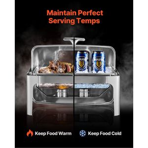 Scaldavivande Rettangolare Professionale da 9 Qt in Acciaio Inossidabile con Coperchio Roll-Top e Controllo Manuale della Temperatura, Include 2 Vaschette da Mezza Misura per Buffet e Catering - Product Image 2