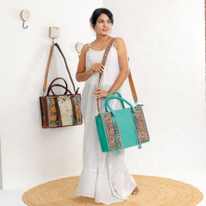 Hand Tooled Leather Turquoise Floral Large Tote Bag For Women Western Embossed Genuine Leather Handbag <b>Concealed</b> Carry Tote Bags - Product Image 1