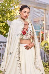 Ensemble Lehenga Choli Dupatta brodé crème pour femme, tenue de mariage en soie, robe ethnique vintage - Product Image 5