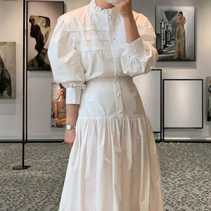 ชุดเซ็ตผู้หญิงสำหรับฤดูร้อนปี 2026 ผ้าแคนวาสโพลีเอสเตอร์/คอตตอนแบบเป็นมิตรต่อสิ่งแวดล้อม คอตั้ง สีพื้น แขนยาว กระโปรงทรงเข้ารูปช่วยกระชับเอว - Product Image 1