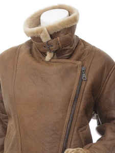 Blouson bomber en cuir véritable marron doublé en sherpa, fermeture éclair, vêtement d'extérieur d'hiver, style moto décontracté - Product Image 2