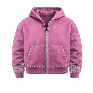 <b>Women's</b> Zip Up Hoodie Acid Wash <b>Black</b> <b>Fleece</b> Sweatshirt Rhinestone Studded Dot Pattern Pullover - Product Image 5