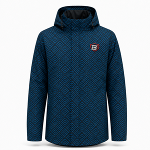 Veste coupe-vent unisexe personnalisée OEM, imprimée, bleu marine et vert sarcelle, à capuche, imperméable, pour l'extérieur, avec doublure en maille respirante - Product Image 1