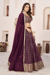 Burgundy <b>Sequin</b> A-Line Crop <b>Top</b> Maxi Lehenga Choli Embroidered Organza Dupatta Evening Dress Reception Wedding Outfit - Product Image 4