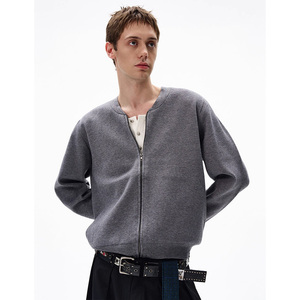 Wholesale Autumn Stand Collar Loose Blank <b>Cardigan</b> Solid Color Acrylic Knitted Full Zip up Sweater - Product Image 4