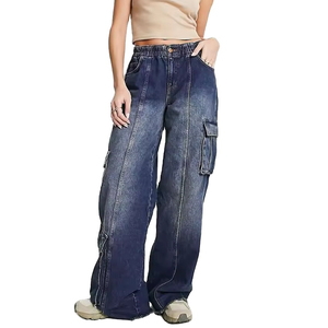Jean cargo bleu foncé pour femme, coupe large, taille haute, ample, en denim, style streetwear - Product Image 1