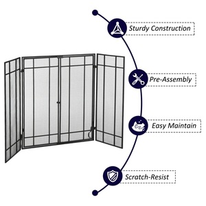 Manhattan <b>Grid</b> Design <b>Metal</b> Fireplace Screen Folding Three Panel Mesh Spark Guard Heat Resistant Hearth Protector - Product Image 3