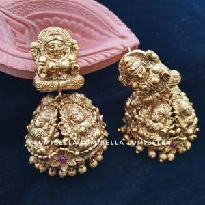 Goddess Lakshmi Temple Big Jhumka Earrings-Matte Finish Classic Drop Charm Earrings - Product Image 1