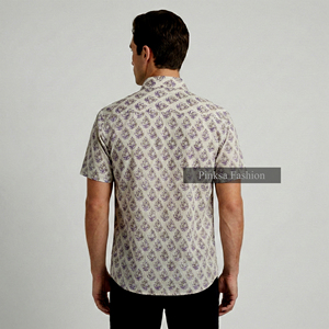 Chemise à manches courtes pour homme en coton 100% Sanganeri, imprimé à la main, motif floral violet, vêtements décontractés, vente en gros - Product Image 5