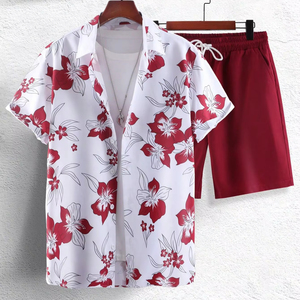 Ensemble de vacances pour homme : chemise à manches courtes imprimée et short de plage assorti, tenue décontractée estivale colorée et légère, ensemble deux pièces pour homme - Product Image 1